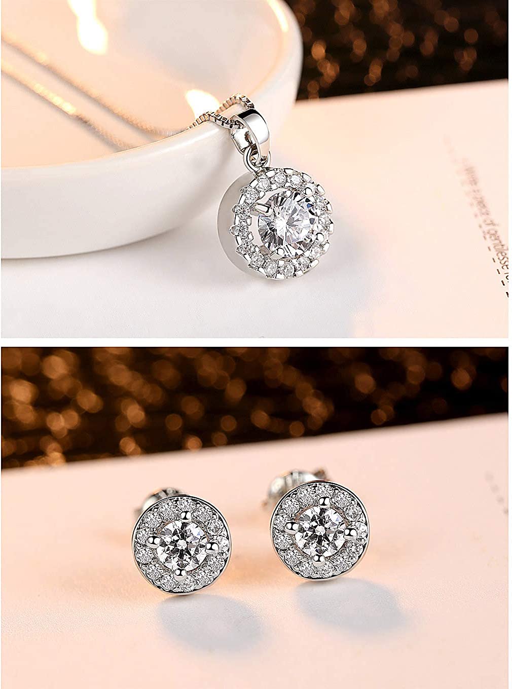 YooAi Jewellery Set Heart Pendant Necklace and Earrings Set Cubic Zirconia Jewellery for Women - Image 4